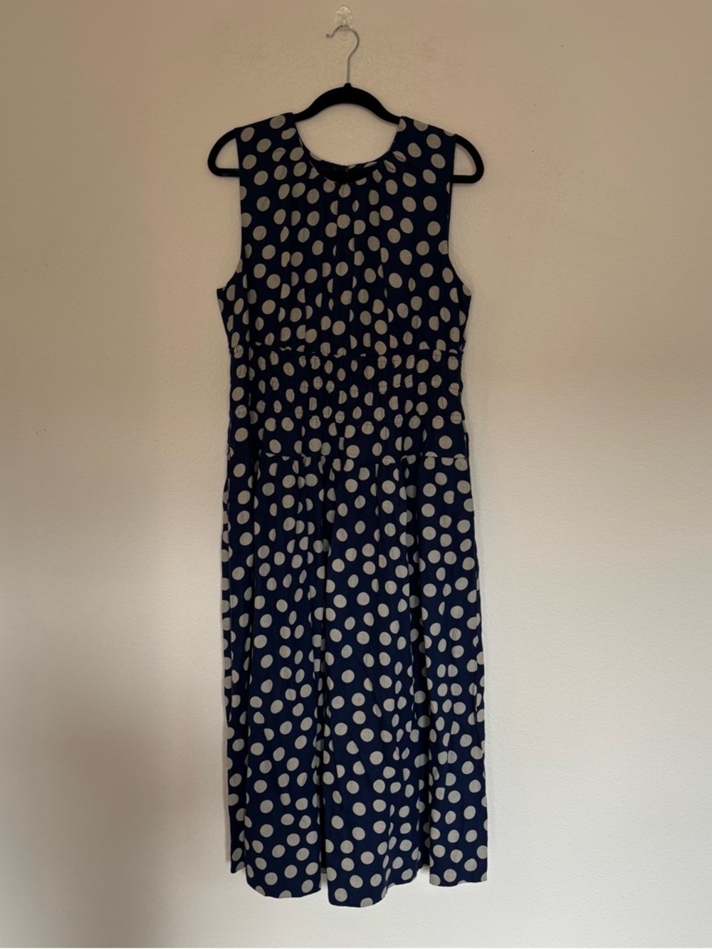 J. Crew Navy and White Polka Dot Sleeveless Midi Dress - Picture 2 of 9